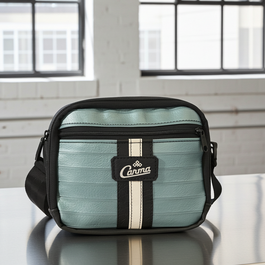 Light blue crossbody bag with black straps on a reflective surface, large windows in the background